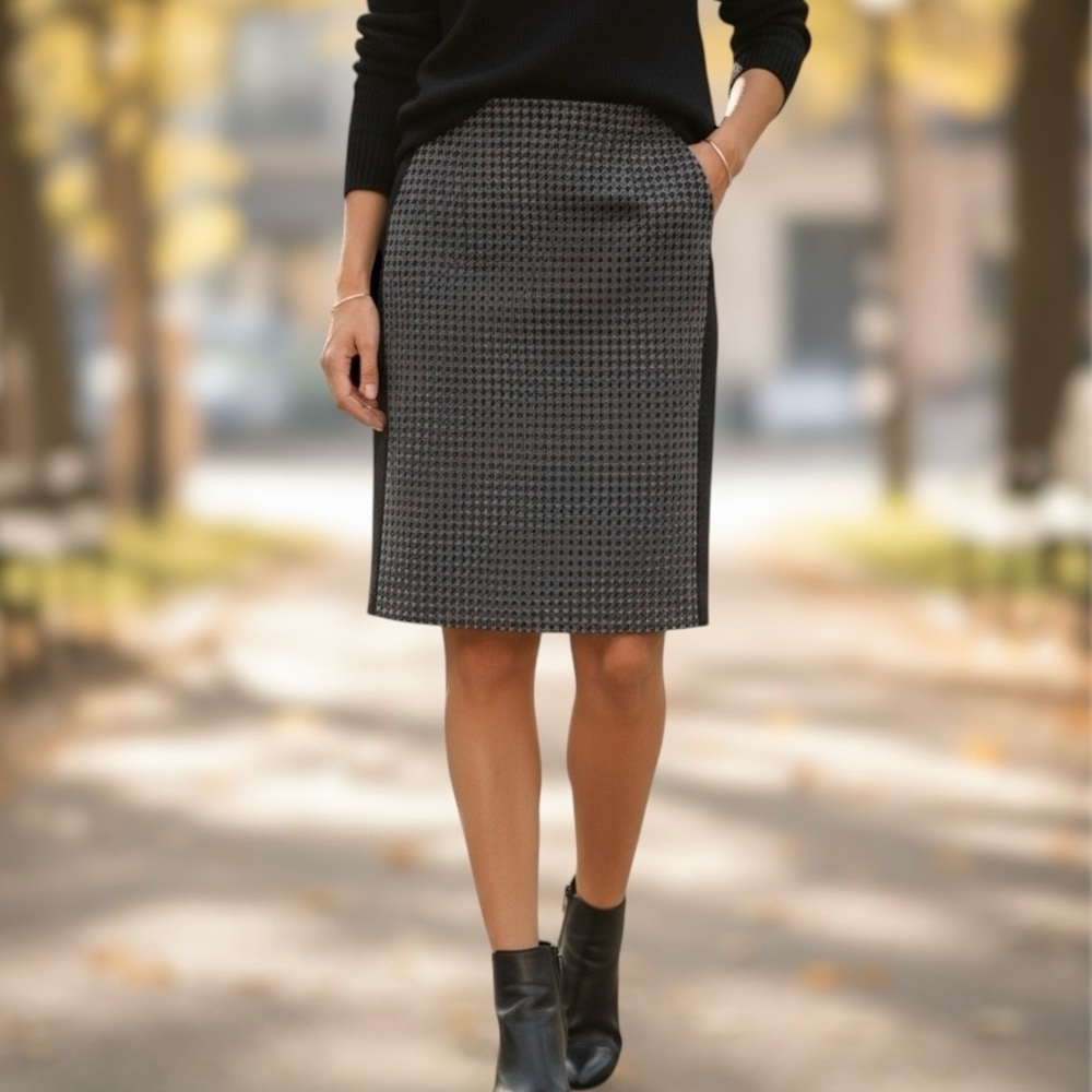 J Crew 100% Wool Pencil Skirt Houndstooth Women’s Size 4 Black Gray Career